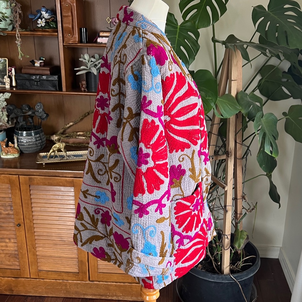 She’s1Oak Fine Kantha Suzani Embroidered Multicolor Short Jacket Kimono XS-L - Picture 8 of 16